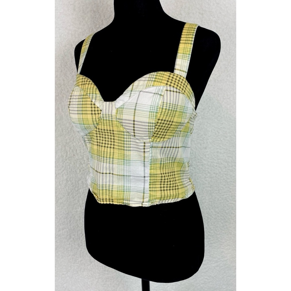 TWINE & STRING • Yellow/Green/White/Brown Plaid Bustier Smocked Crop Top, L - Picture 4 of 16